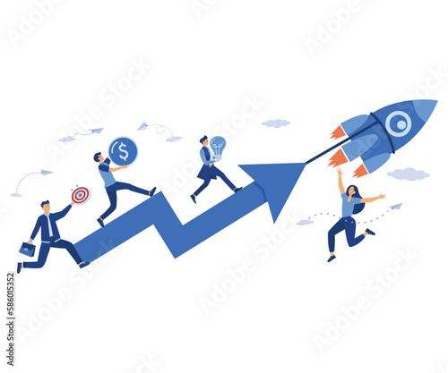 entrepreneurship teamwork on start up project startup. people run rocket ,investments ,ideas new project launch,  flat vector modern illustration 