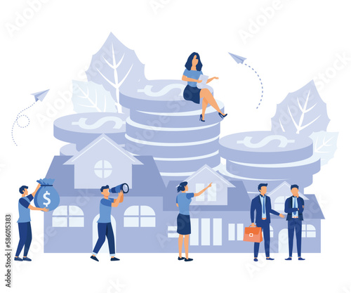 real estate business concept with houses, market growth, real estate investment, home purchase, home presentation,  flat vector modern illustration 
