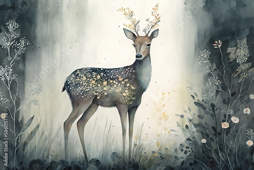 Fototapeta Naklejka Na Ścianę i Meble -  A serene deer standing in a misty forest, with delicate watercolor flowers and foliage in the background Generative AI