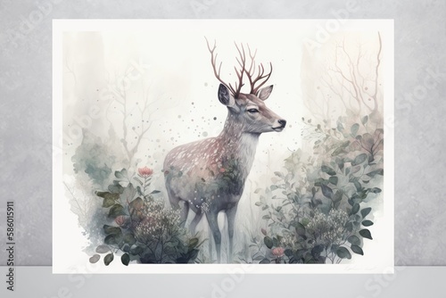 Fototapeta Naklejka Na Ścianę i Meble -  A serene deer standing in a misty forest, with delicate watercolor flowers and foliage in the background Generative AI