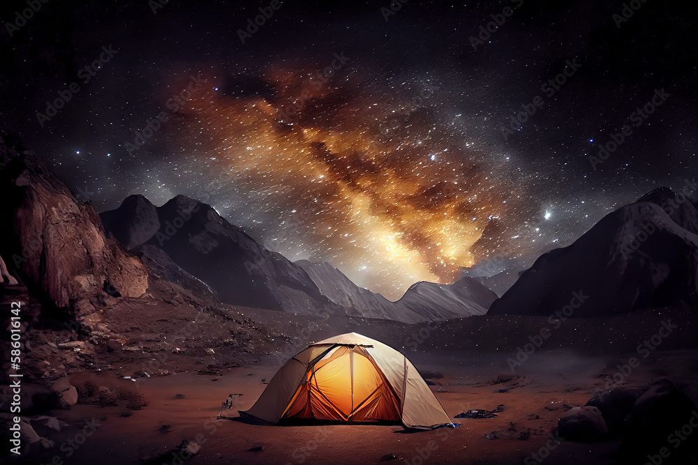 Camping in the mountains under the starry night sky. Generative Ai