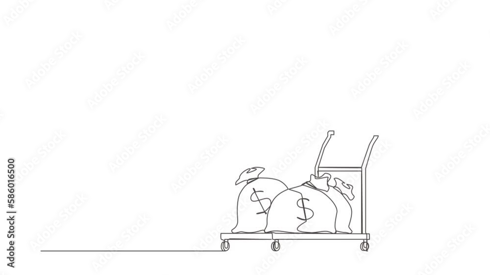Animated self drawing of continuous line draw Arabian businesswoman push cart with money bags. Reward concept. Employee with salary. Investor carries money to startup. Full length one line animation Animated self drawing of continuous line draw Arabian businesswoman push cart with money bags. Reward concept. Employee with salary. Investor carries money to startup. Full length one line animation