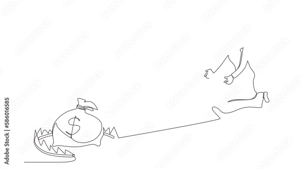 Animated self drawing of continuous line draw money trap. Arabian businesswoman running to catch money bag in steel bear trap. Metaphor of financial risk bad solutions. Full length one line animation Animated self drawing of continuous line draw money trap. Arabian businesswoman running to catch money bag in steel bear trap. Metaphor of financial risk bad solutions. Full length one line animation