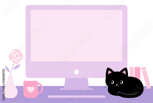 vector background with a desktop computer and a black cat sitting on the desk for banners, cards, flyers, social media wallpapers, etc.