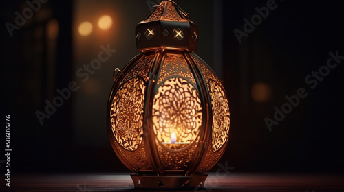 Beautiful oriental lamp on dark background. Ramadan Kareem concept. Generative AI