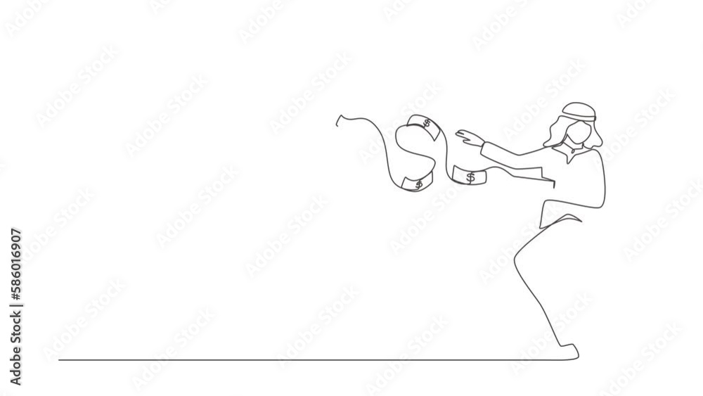 Self drawing animation of single line draw Arabic businessman millionaire throw out pile of money banknotes flying into air. Success wealthy entrepreneur. Continuous line draw. Full length animated Self drawing animation of single line draw Arabic businessman millionaire throw out pile of money banknotes flying into air. Success wealthy entrepreneur. Continuous line draw. Full length animated