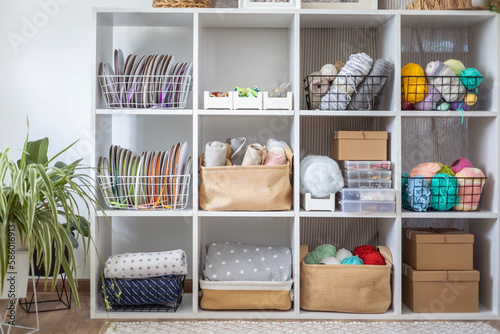 Yarn storage organization textile hobby supplies contemporary cupboard shelves Fototapet