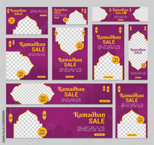 Collection of Ramadan Sale social media post templates. Web banner ads for greeting cards. Ramadan illustration and promotion on purple background.