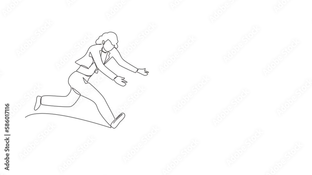 Animated self drawing of continuous line draw businesswoman chasing money bag dollar run away. Concept of achieving goals profits, striving success, running for money. Full length one line animation