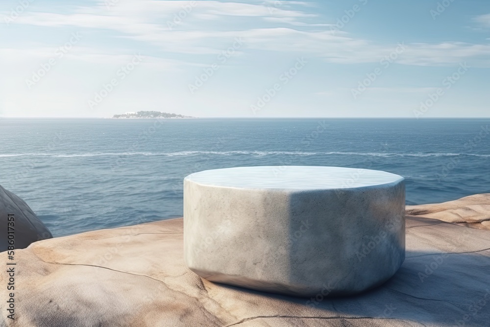 minimalist white table placed on a rocky shore by the ocean created with Generative AI technology minimalist white table placed on a rocky shore by the ocean created with Generative AI technology