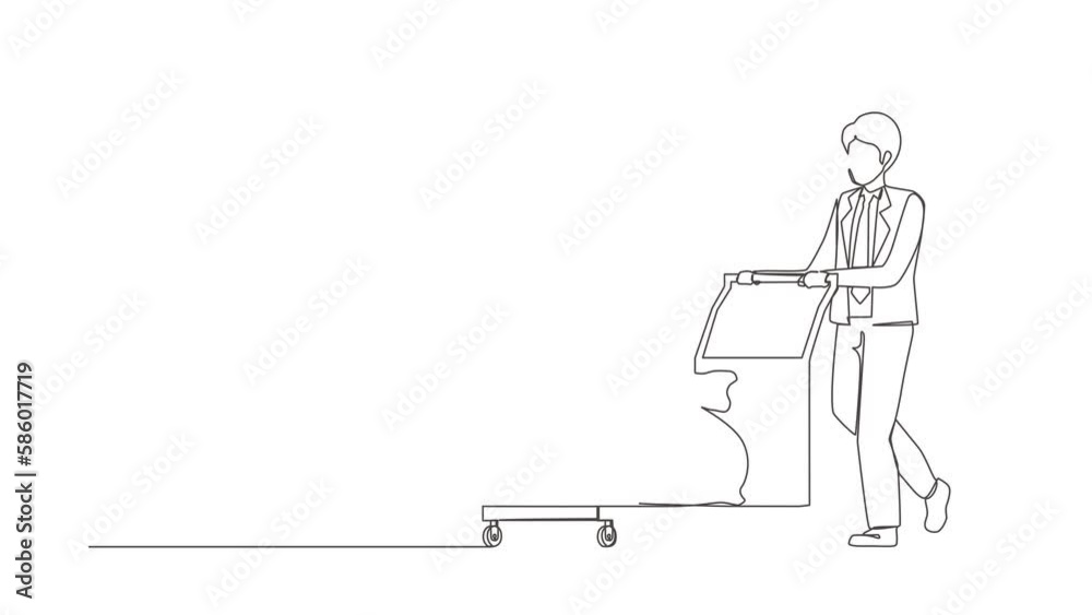 Animated self drawing of continuous line draw businessman push cart with money bags. Reward or profit. Man employee with salary. Investor carries money to startup. Full length single line animation Animated self drawing of continuous line draw businessman push cart with money bags. Reward or profit. Man employee with salary. Investor carries money to startup. Full length single line animation