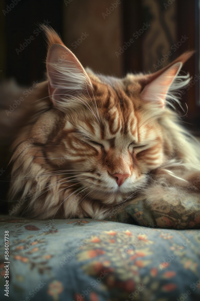 Maine Coon cat sleeping and lying on bed, AI, Generative AI