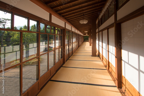 The corridor of the old Ryotei restaurant is covered with tatami mats.