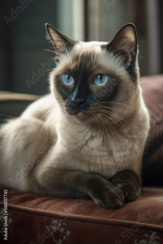 Siamese cat sitting and lying on couch looking away from camera, AI, Generative AI