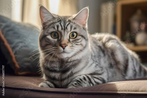 American Shorthair cat sitting and lying on couch looking at camera, AI, Generative AI © Atomic Baker Design