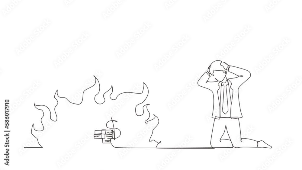 Animated self drawing of single continuous line draw upset businessman kneeling. Finances burning up. Financial crisis, inflation. Bankruptcy. Inability to pay bills. Full length one line animation Animated self drawing of single continuous line draw upset businessman kneeling. Finances burning up. Financial crisis, inflation. Bankruptcy. Inability to pay bills. Full length one line animation