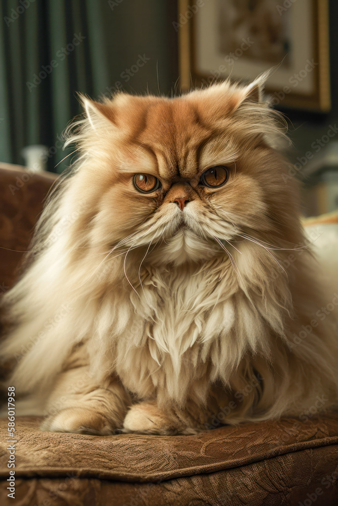 Persian cat sitting and lying on couch looking at camera, AI, Generative AI