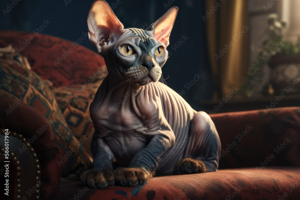 Sphynx cat sitting and lying on couch looking away from camera, AI, Generative AI