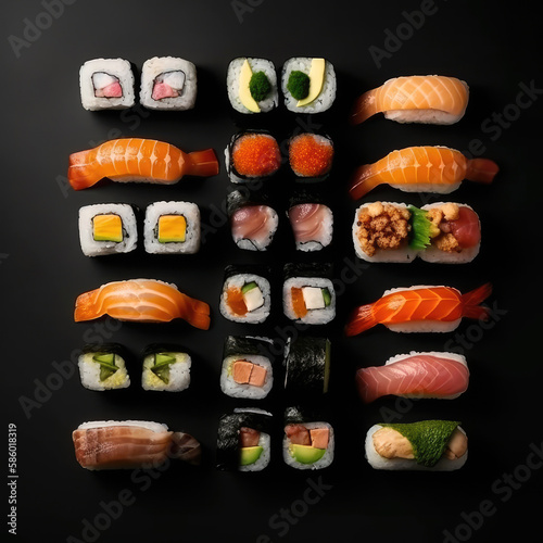 Japanese cuisine. Sushi and rolls set over dark background. Generative AI