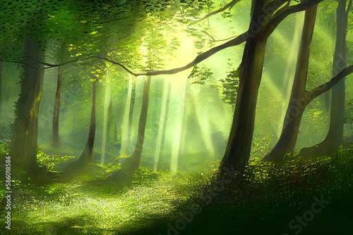 Sunlight in the green forest springtime. Generative Ai © hassanmim2021