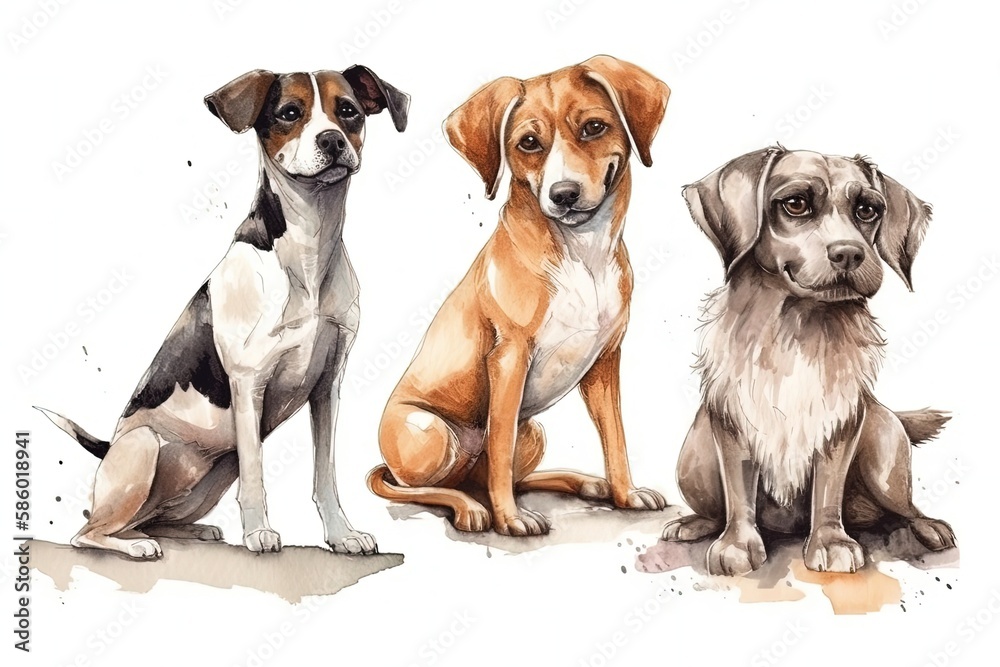 Illustration of three different breeds of dogs sitting side by side created with Generative AI technology Illustration of three different breeds of dogs sitting side by side created with Generative AI technology