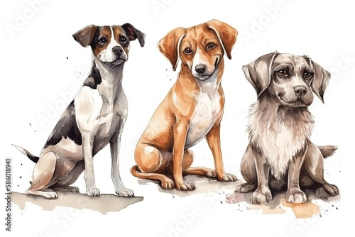 Illustration of three different breeds of dogs sitting side by side created with Generative AI technology