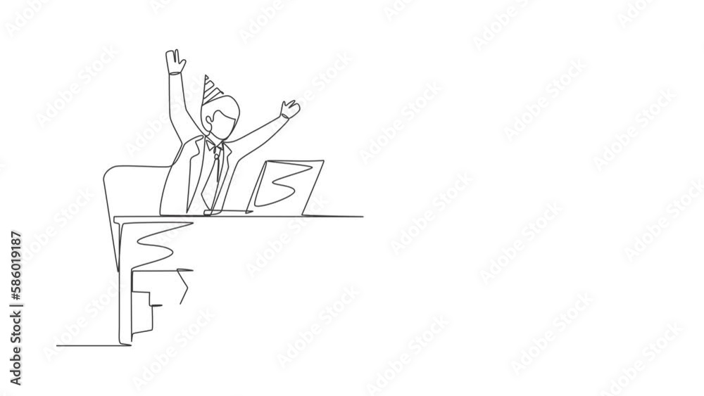 Self drawing animation of single one line draw success in work, winning online. Businessman stands in office with hand raised opposite screen celebrating success. Continuous line. Full length animated Self drawing animation of single one line draw success in work, winning online. Businessman stands in office with hand raised opposite screen celebrating success. Continuous line. Full length animated