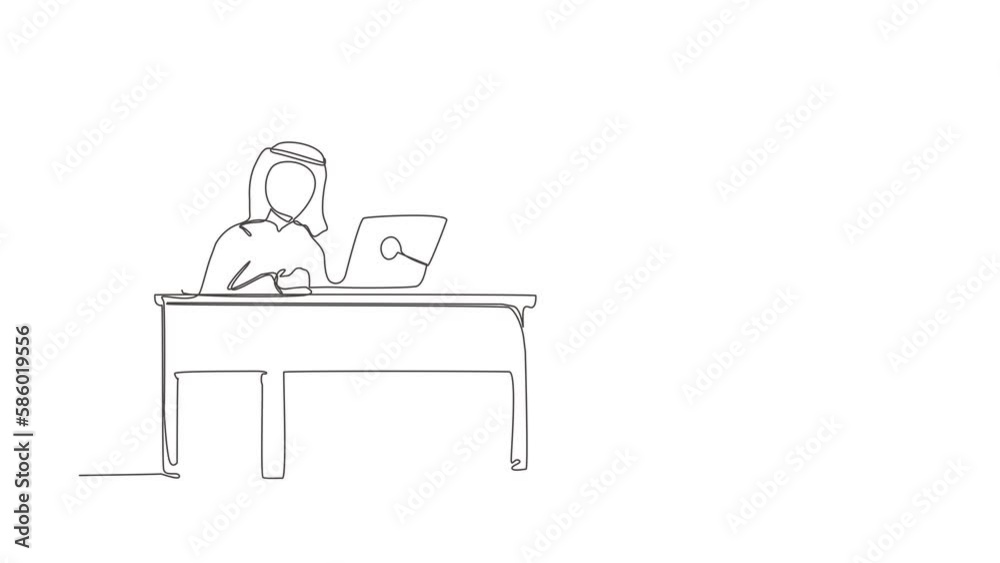 Self drawing animation of single line draw male works in office. Arabic businessman working, typing sending messages. Work, table. Workplace and communication. Continuous line. Full length animated Self drawing animation of single line draw male works in office. Arabic businessman working, typing sending messages. Work, table. Workplace and communication. Continuous line. Full length animated