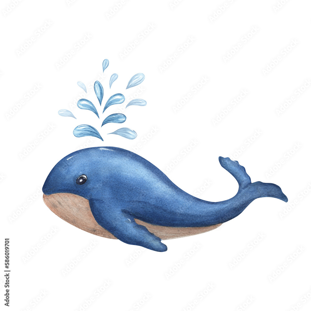 Obraz premium Cute cartoon watercolor blue whale isolated on transparent background. Sea illustration can be used for kids room decor, kids print, poster, pattern, stickers, wallpaper, wrapping