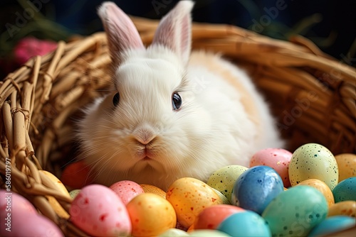 cute white rabbit surrounded by colorful Easter eggs in a basket created with Generative AI technology