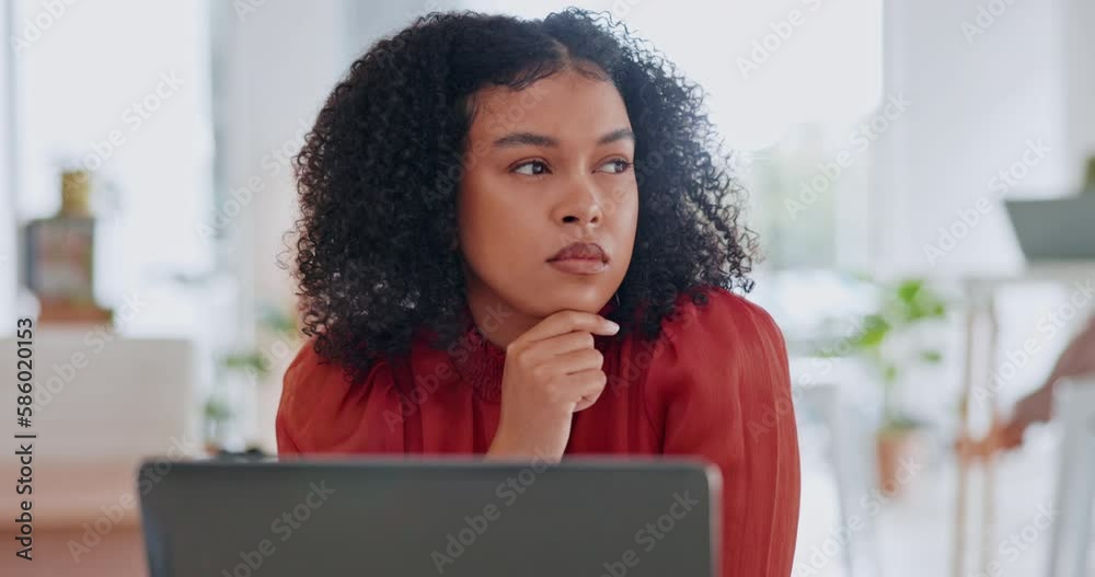 Business, thinking and woman with ideas and decision in in workplace, deadline and laptop. Female employee, consultant and worker with schedule, choices and thoughtful for new project and wondering
