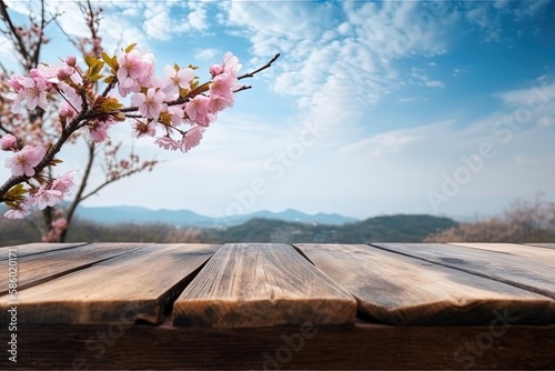 wooden table decorated with pink flowers created with Generative AI technology