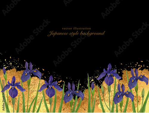 金箔を貼った和紙と青い菖蒲の花の和風背景 photo