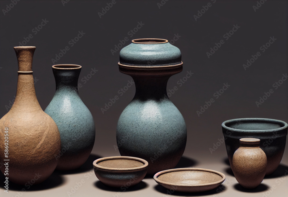 A table with a blue pottery cup and cups on it Generative ai A table with a blue pottery cup and cups on it Generative ai