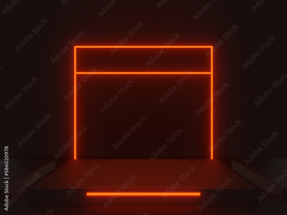3D rendered black scientific stage with red neon lights. Geometric podium. Sci-Fi mock up.