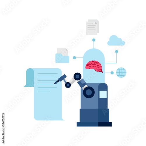 artificial intelligence big data server thinking for auto writing summary technology automation flat illustration