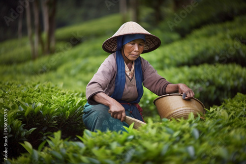 A woman in a tea plantation wearing a hat and holding a bucket Generative AI photo
