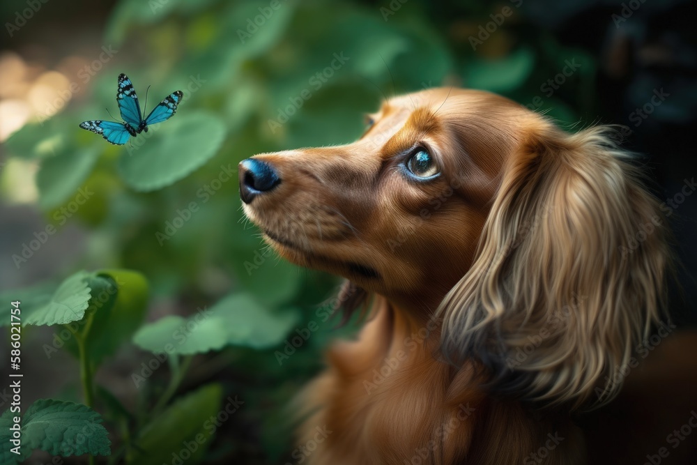 curious brown dog gazing up at a delicate blue butterfly created with Generative AI technology