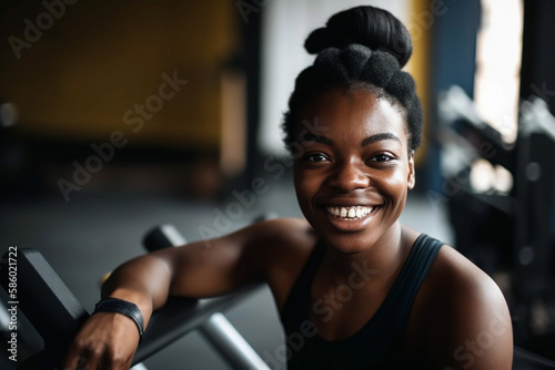 A woman is smiling and wearing a black tank top on gym. Generative AI