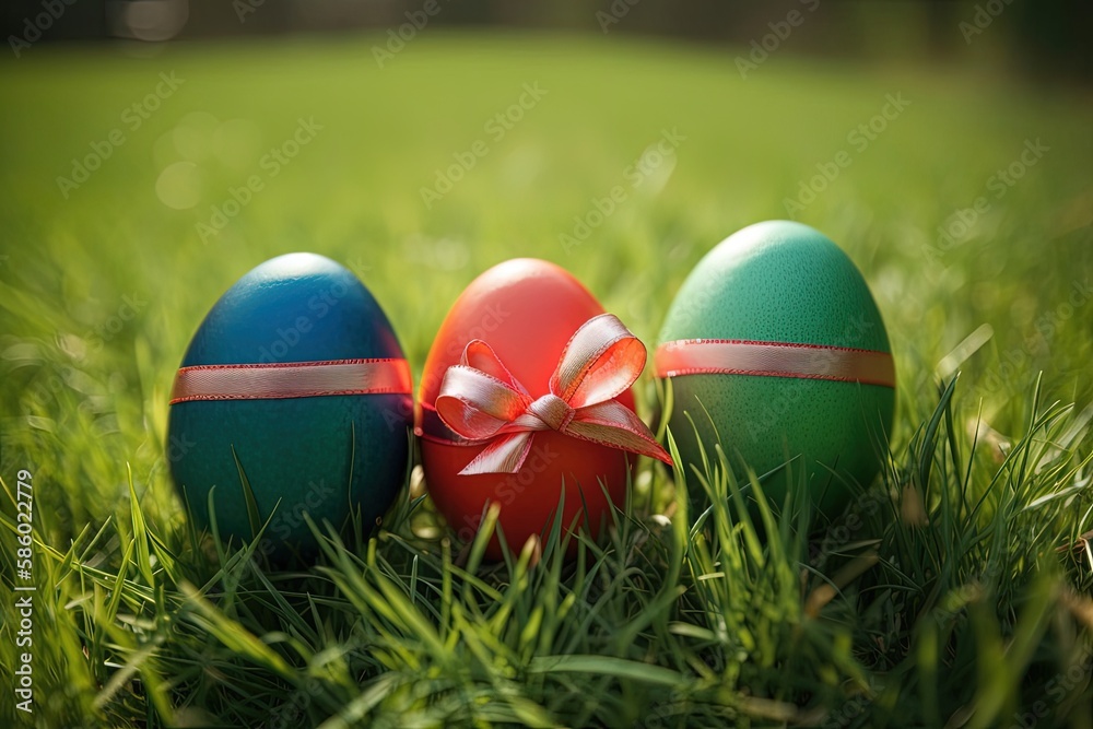 Illustration of three Easter eggs with a colorful bow on a green grass background created with Generative AI technology