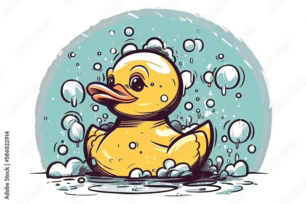 yellow rubber duck floating in blue water with bubbles created with ...