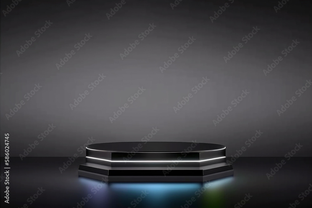 Simple and minimalist empty black podium stand with neon glow on dark background. Generative ai illustration Simple and minimalist empty black podium stand with neon glow on dark background. Generative ai illustration
