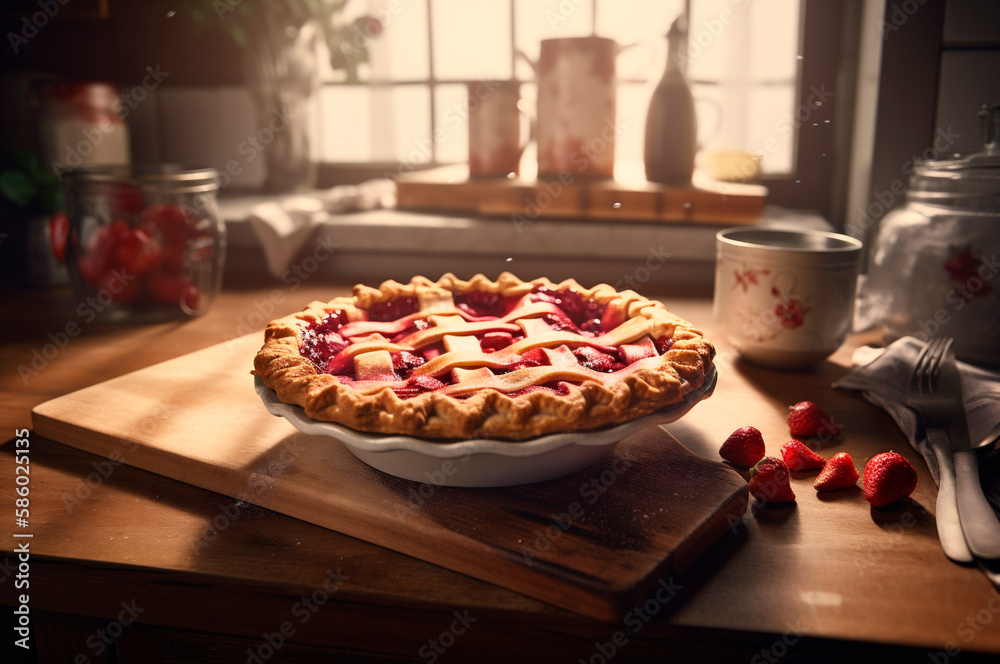 baked homemade strawberry pie, on rustic wooden table, kitchen background. AI generated. selective focus