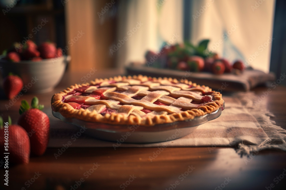baked homemade strawberry pie, on rustic wooden table, kitchen background. AI generated. selective focus baked homemade strawberry pie, on rustic wooden table, kitchen background. AI generated. selective focus