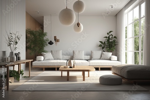 Contemporary Living Room with White Furnishings created with Generative AI technology