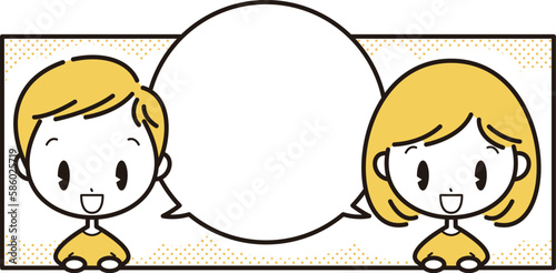 正面を向いて笑顔で話す男の子と女の子【漫画のコマ風】