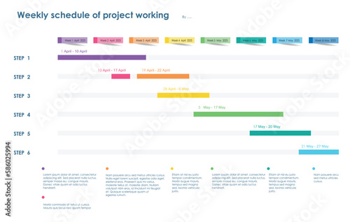 timeline weekly schedule roadmap project diagram Infographic template for business. 8 week 6 step modern Timeline schedule diagram with presentation vector timeline roadmap infographic.
