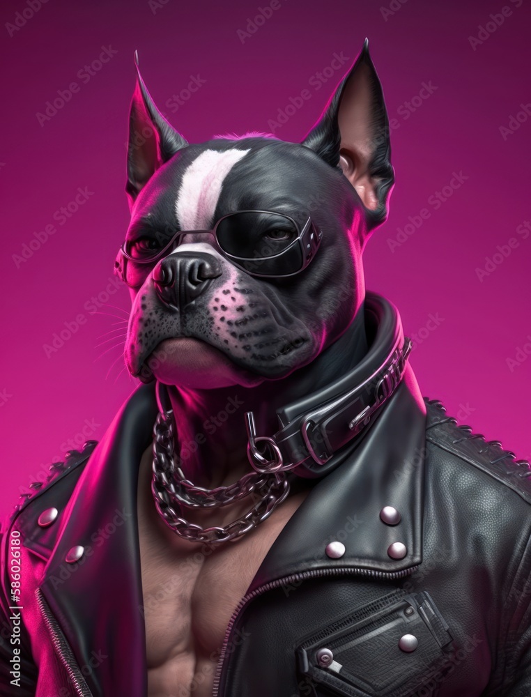 Portrait of bad dogs wearing jacket on pink background. Created Generative AI Portrait of bad dogs wearing jacket on pink background. Created Generative AI