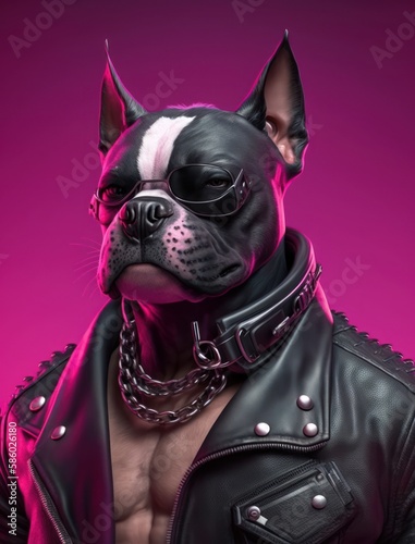 Portrait of bad dogs wearing jacket on pink background. Created Generative AI