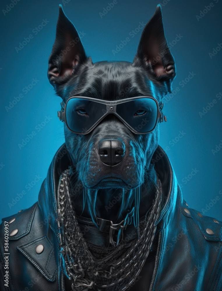 Portrait of bad dogs wearing jacket on blue background. Created Generative AI Portrait of bad dogs wearing jacket on blue background. Created Generative AI